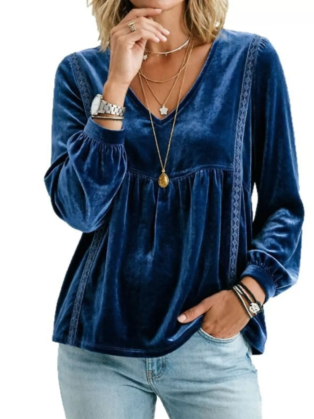 Full Size V-Neck Long Sleeve Velvet Blouse with Lace Trim Plus Size, image 5