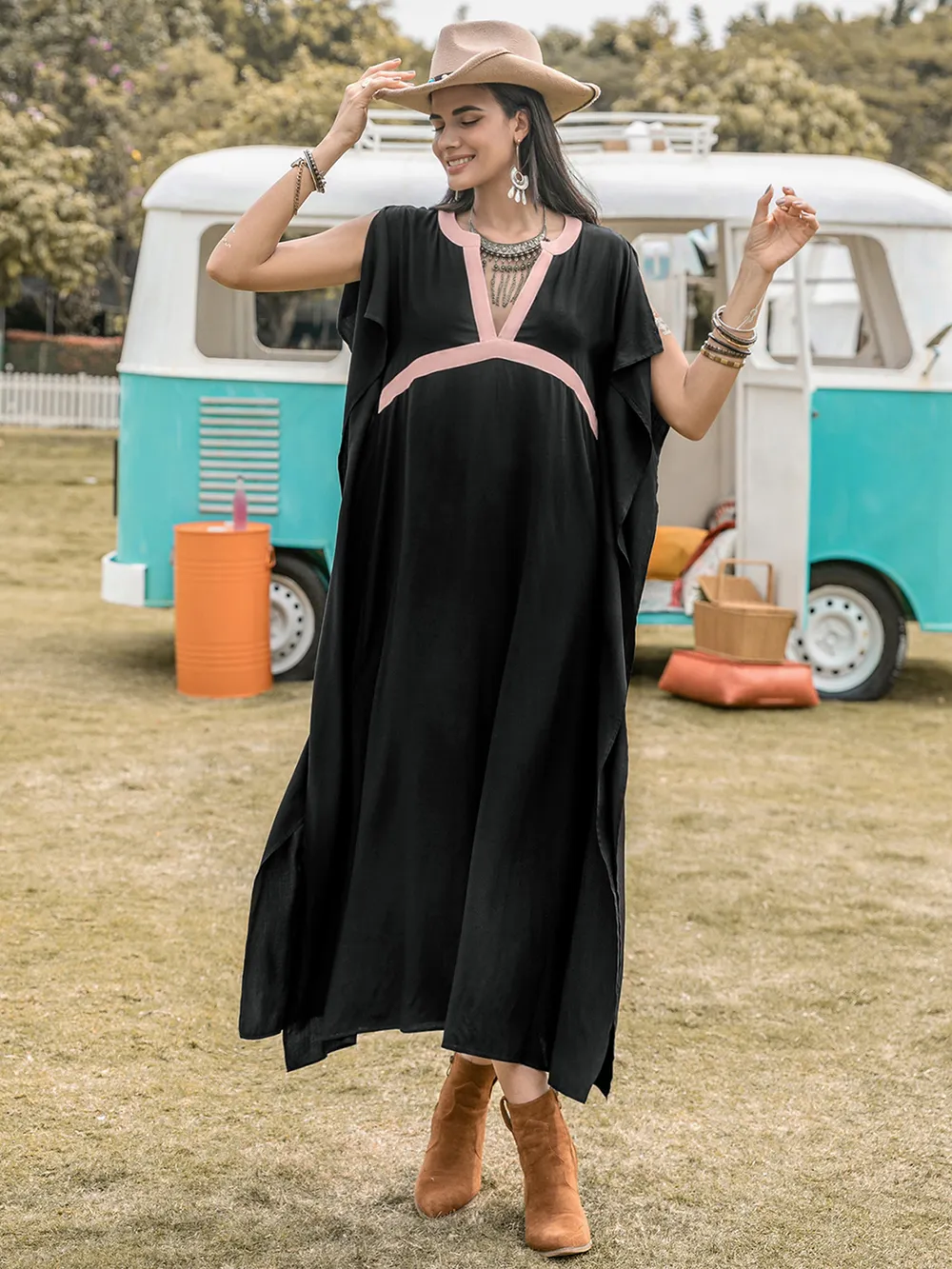 Contrast Trim Notched Slit Short Sleeve Midi Dress, image 5