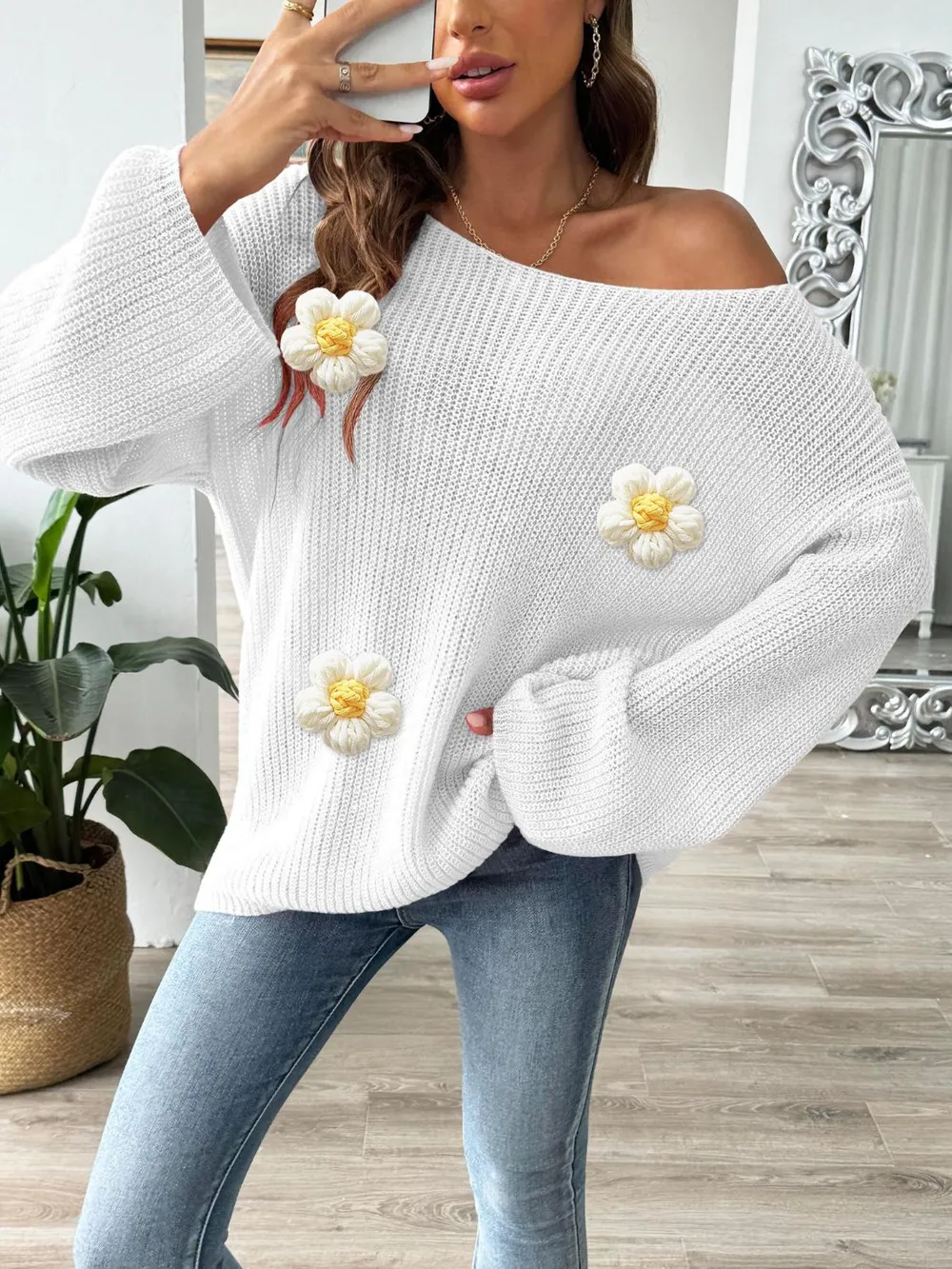 Flower Round Neck Long Sleeve Sweater, image 7