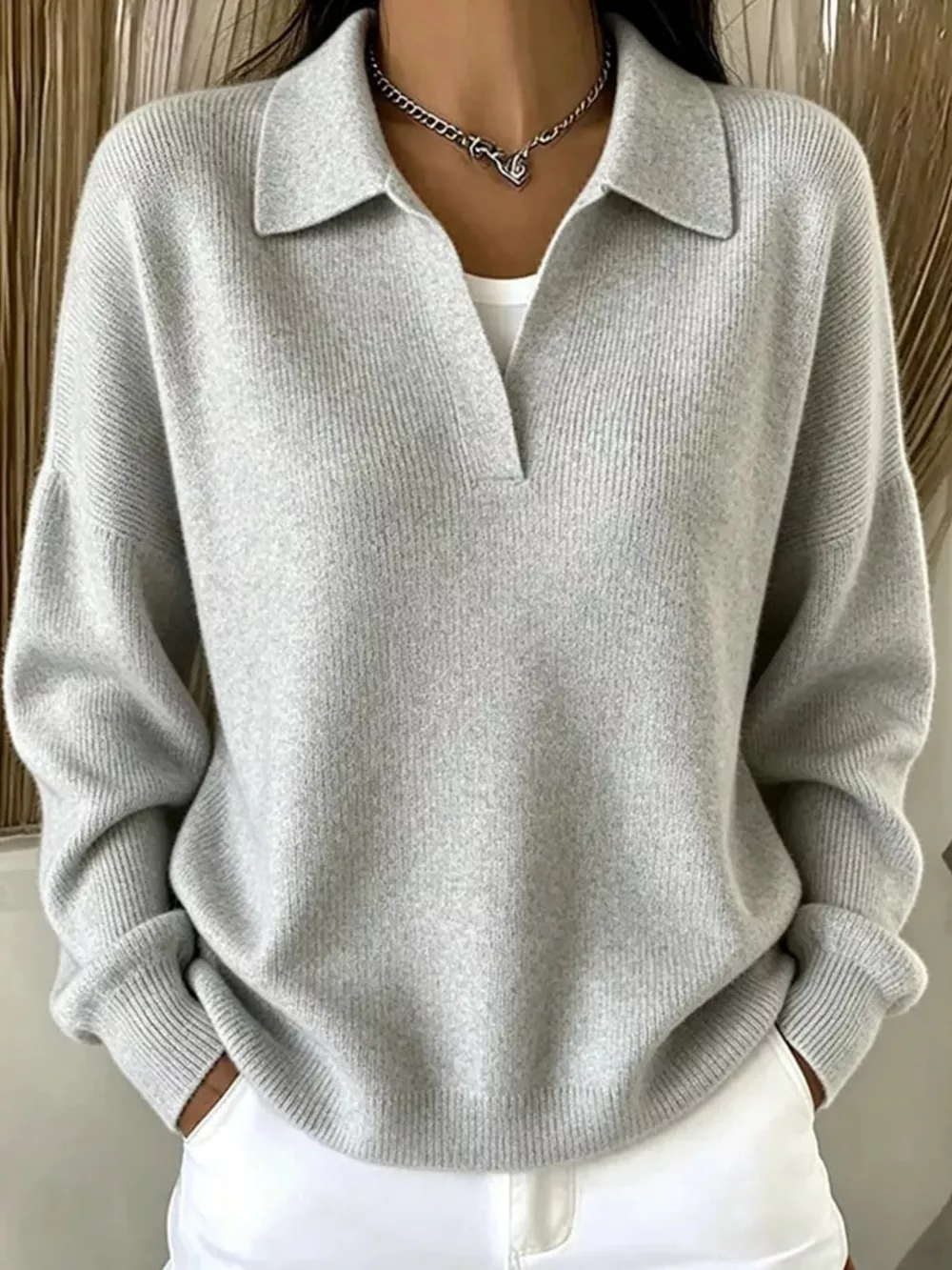 Ribbed Knit Polo Collar Sweater, image 7
