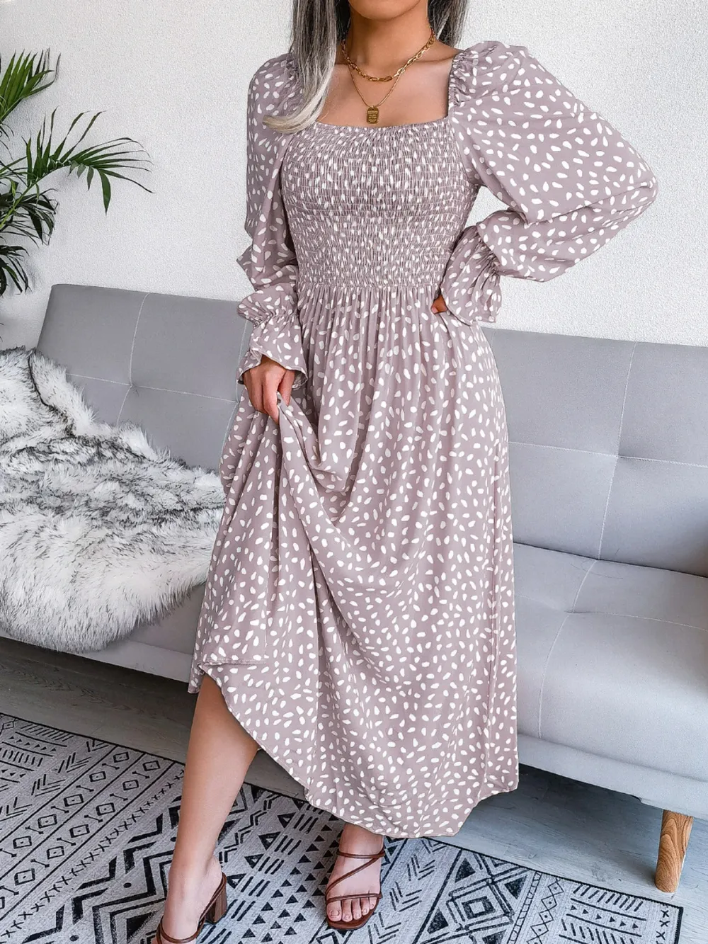 Smocked Square Neck Flounce Sleeve Dress, image 13