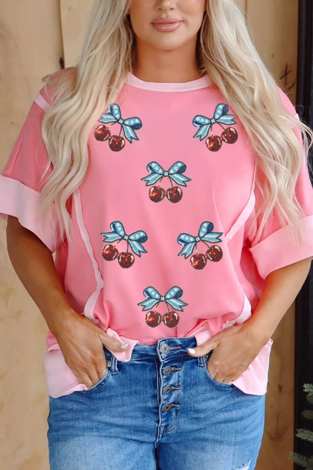 Raw Seam Color Block Sequin Cherry Graphic Casual Shift Top, image 4