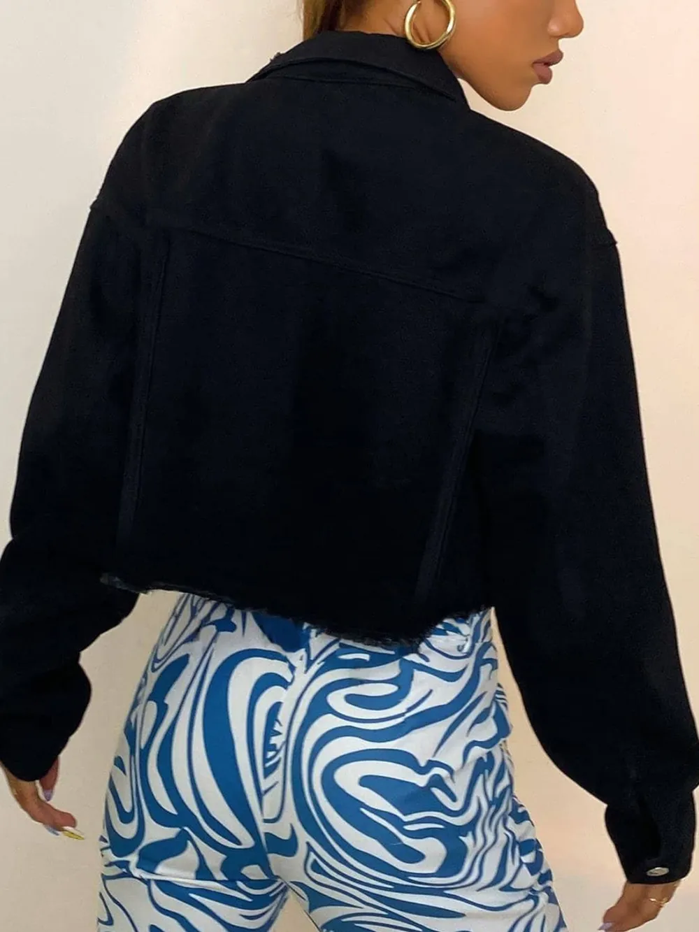 Distressed Collared Neck Long Sleeve Denim Top, image 2