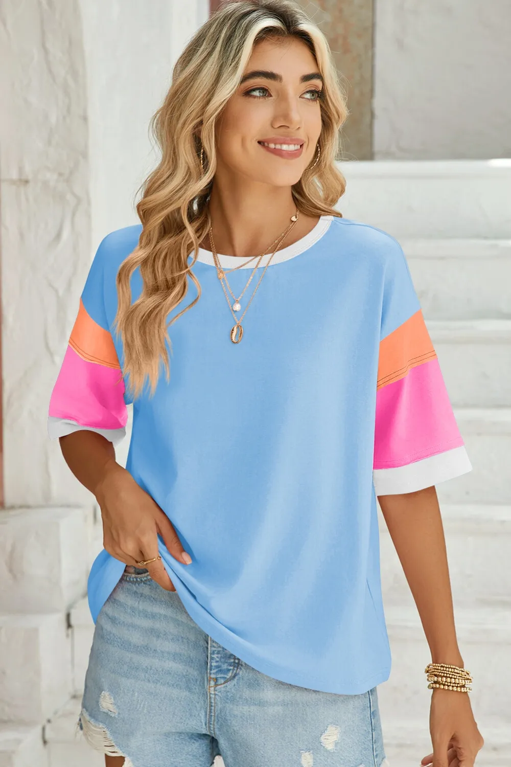 Color Block Round Neck Half Sleeve T-Shirt, image 7