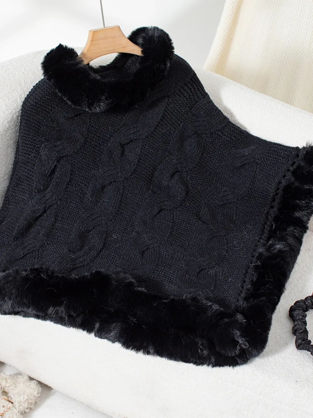 Fuzzy Hem Cable-Knit Poncho, image 20