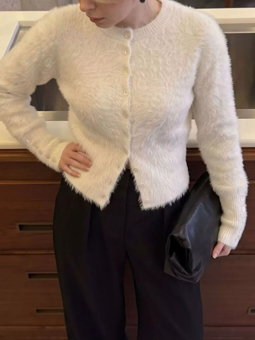 Soft Fuzzy Button-Down Cropped Cardigan, image 3