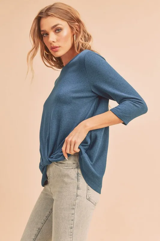 Twist Front Round Neck 3/4 Sleeve T-Shirt, image 4