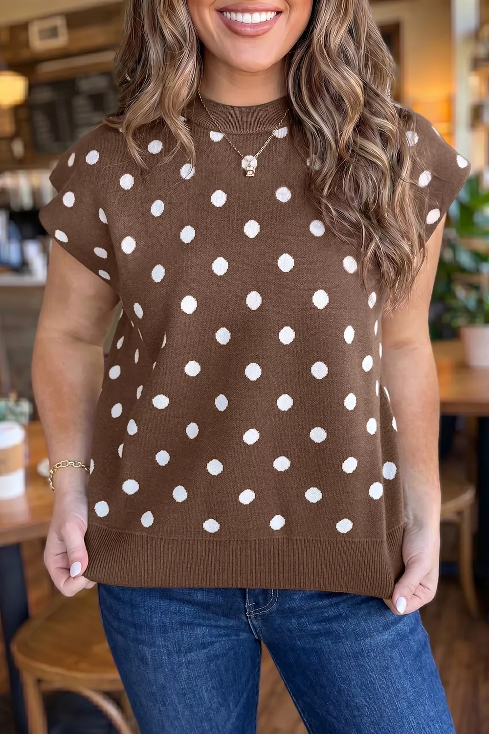 Dolman Short Sleeve Round Neck Polka Dot Sweater, image 3