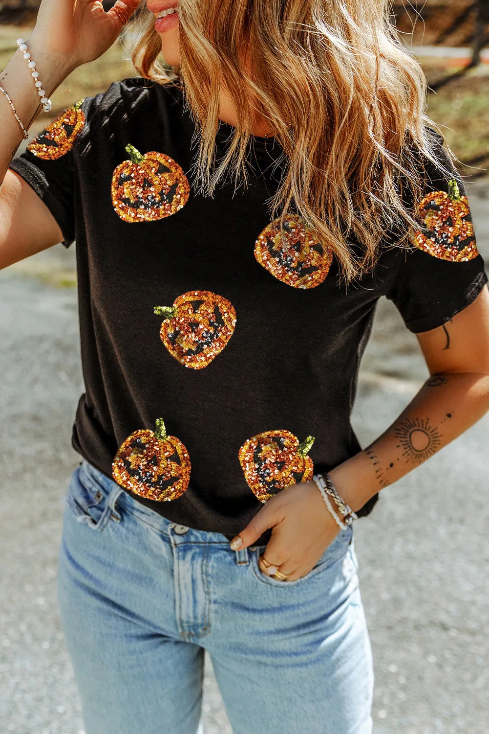Sequin Pumpkin Round Neck Short Sleeve T-Shirt, image 5