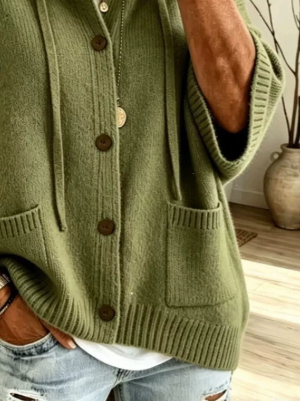 Hooded Button-Down Knit Cardigan, image 2