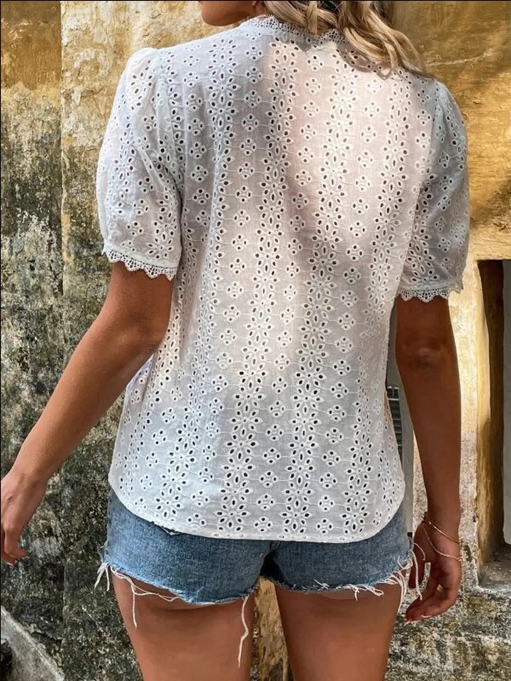 Full Size Lace Detail Eyelet V-Neck Short Sleeve Blouse Plus Size, image 20