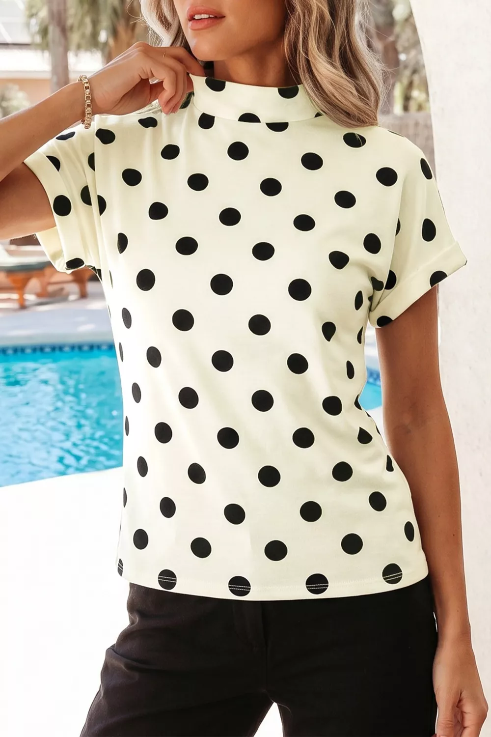 Polka Dot Mock Neck Short Sleeve Blouse, image 2