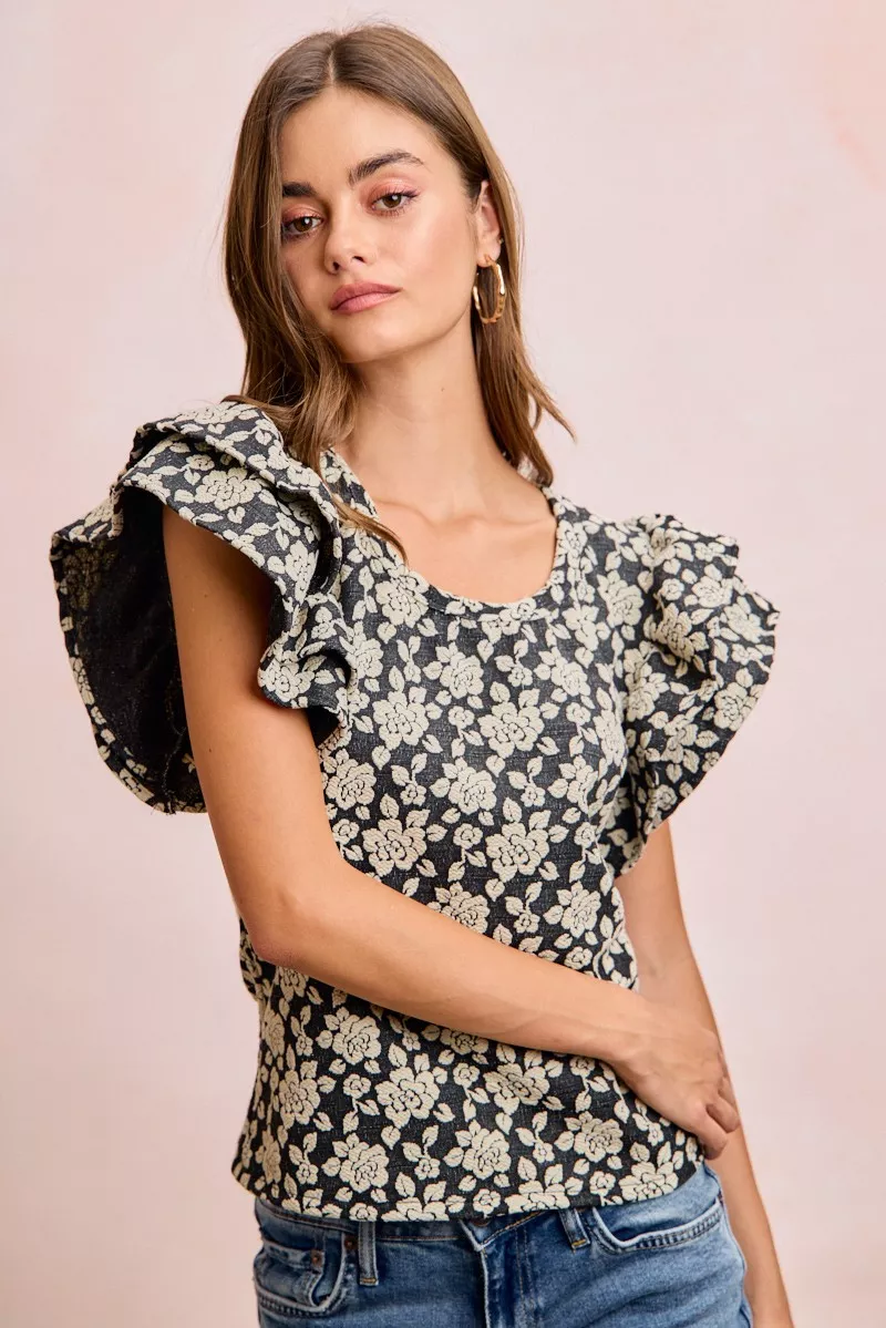 BiBi Floral Jacquard Ruffle Sleeves Knit Top, image 2
