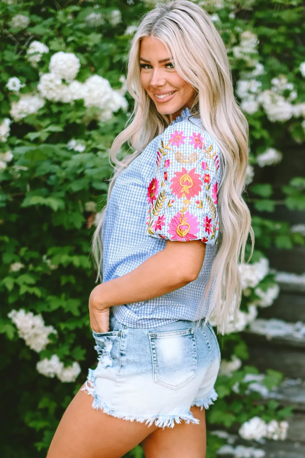 Embroidered Plaid Round Neck Short Sleeve Blouse, image 9