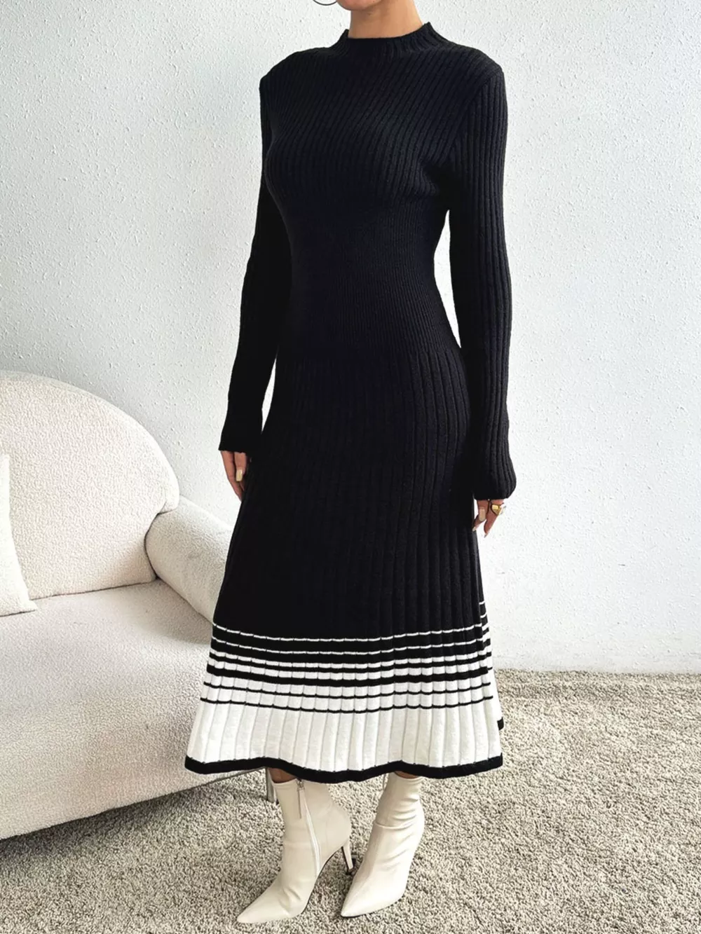 Ribbed Knit Sweater Dress with Striped Hem, image 3