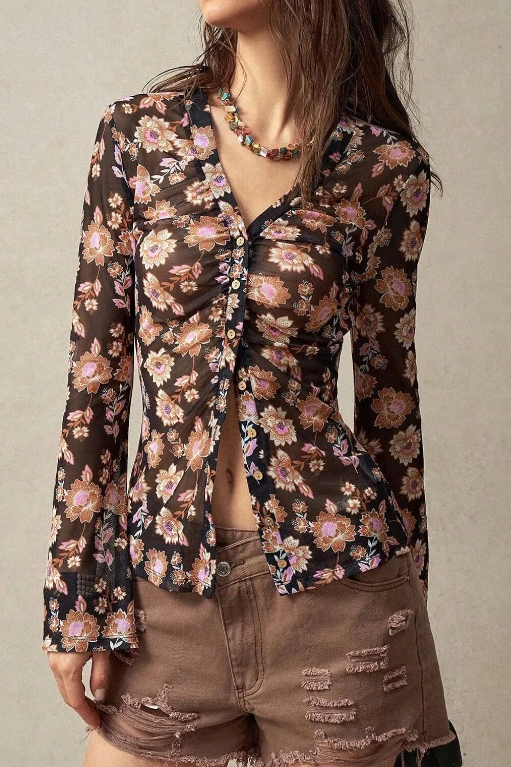 Floral Button-Front Shirt with Bell Sleeves, image 2
