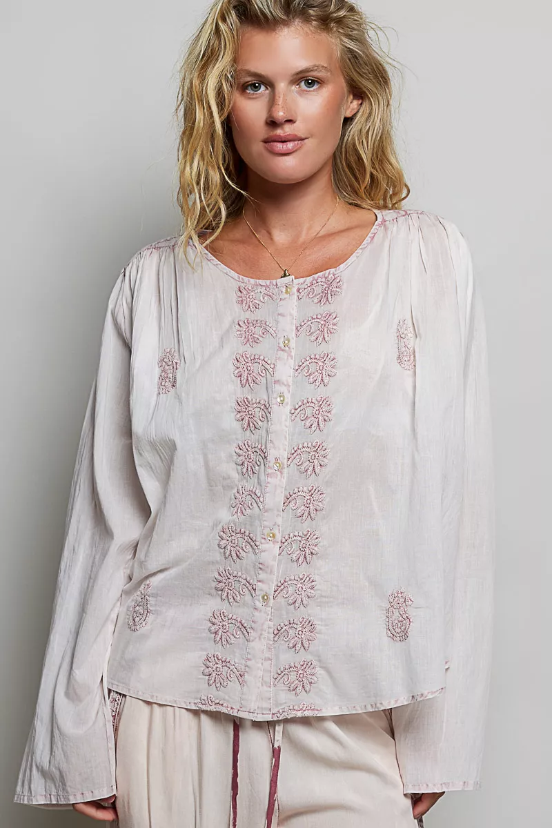 POL Embroidered Gathered Shoulder Long Sleeve Shirt, image 5