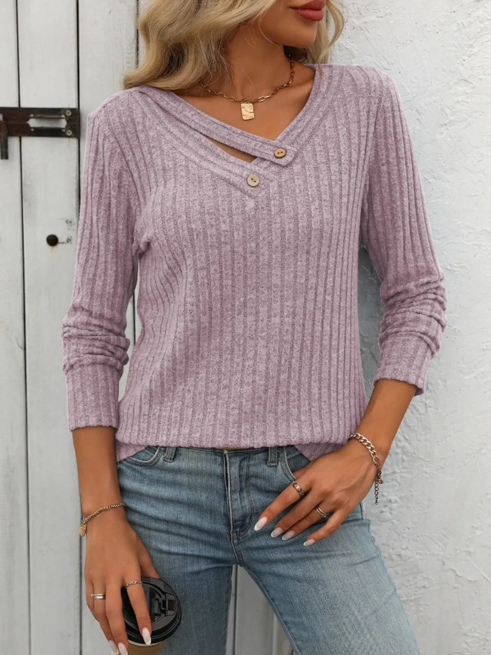 Ribbed V-Neck Long Sleeve T-Shirt, image 13
