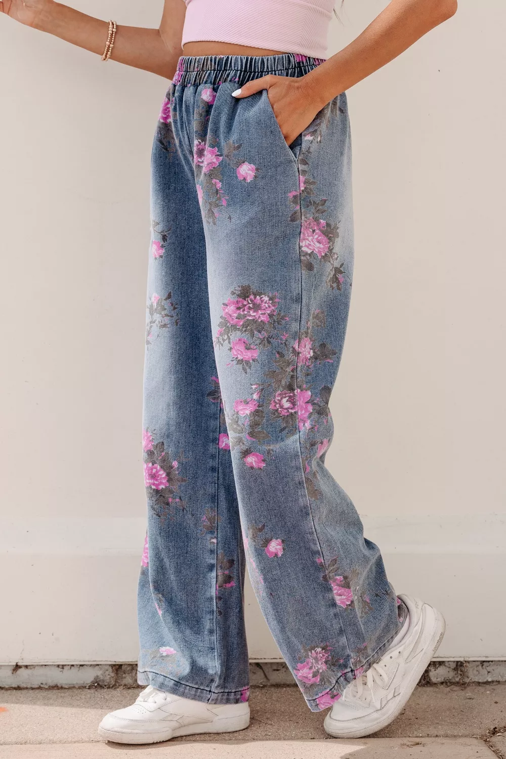 Floral Print Wide Leg Elastic Waist Jeans, image 4