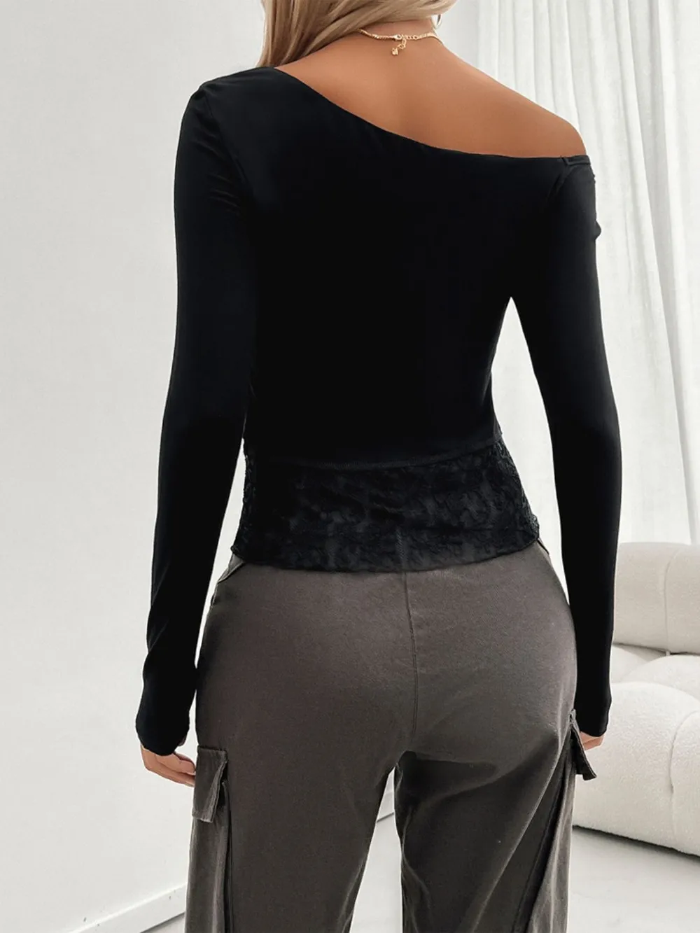 Single Shoulder Long Sleeve Lace T-Shirt, image 14