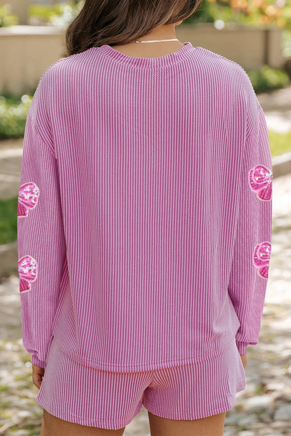 Corded Rib Sequin Bow Patched Long Sleeve Top and Shorts 2pcs Set, image 4