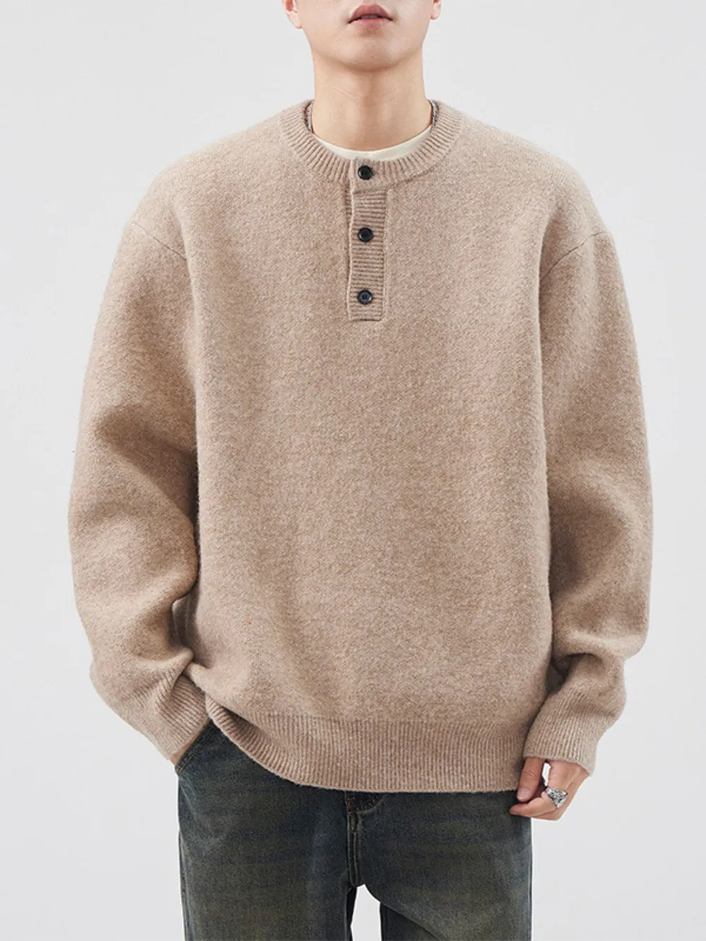 Men's Plus Size Button Detail Ribbed Hem Sweater, image 11