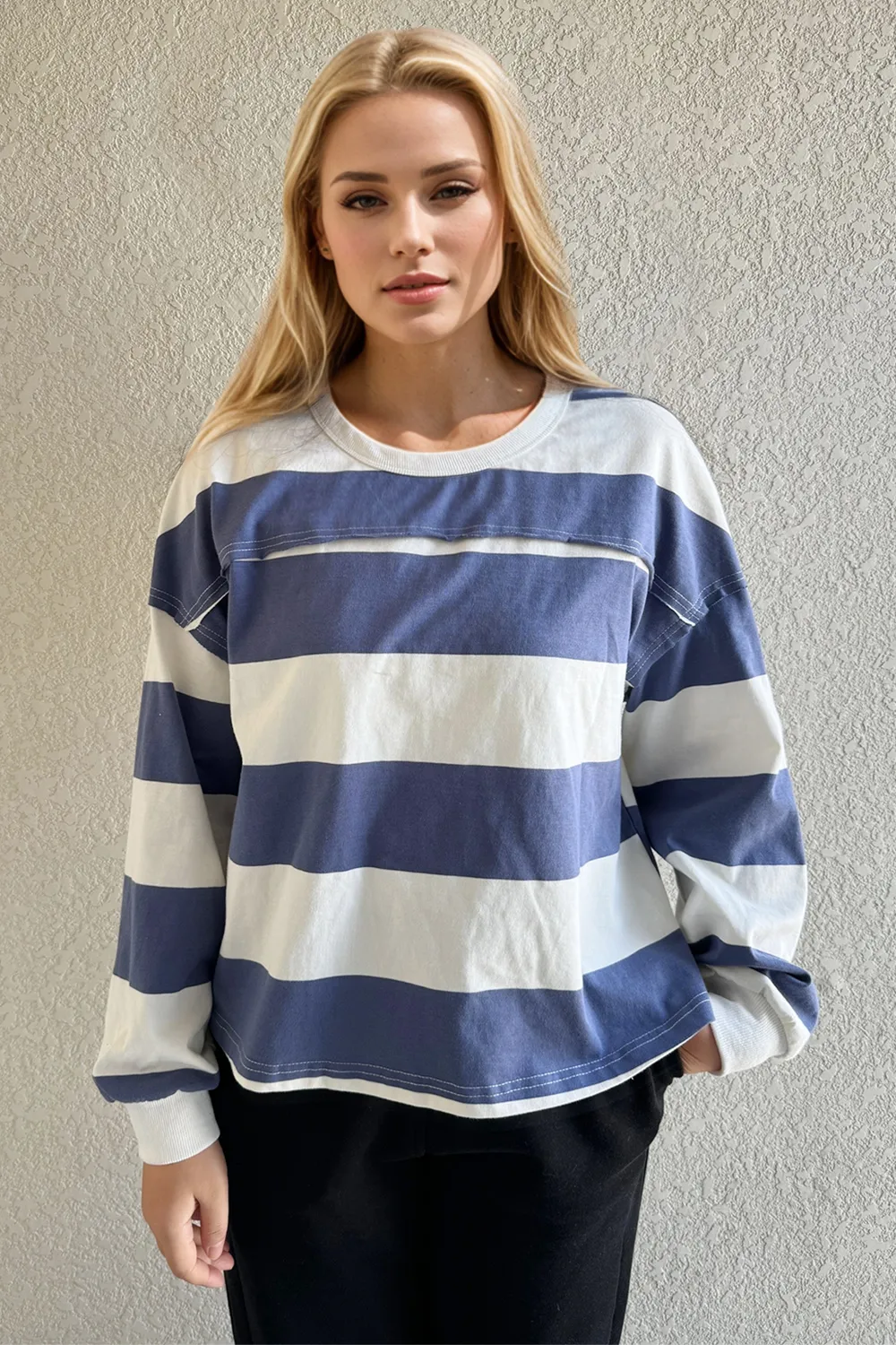 Pima Cotton Wash Exposed Seam Contrast Striped Round Neck Long Sleeve T-Shirt, image 4