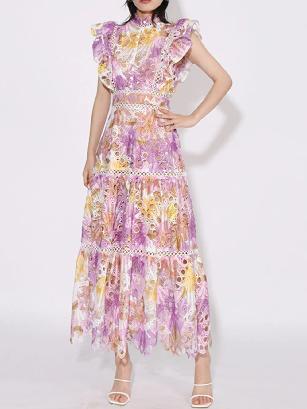 Ruffled Hollow Out Tiered Midi Dress, image 2
