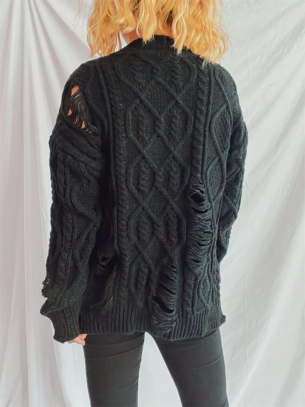 Distressed Cable-Knit Round Neck Long Sleeve Sweater, image 11