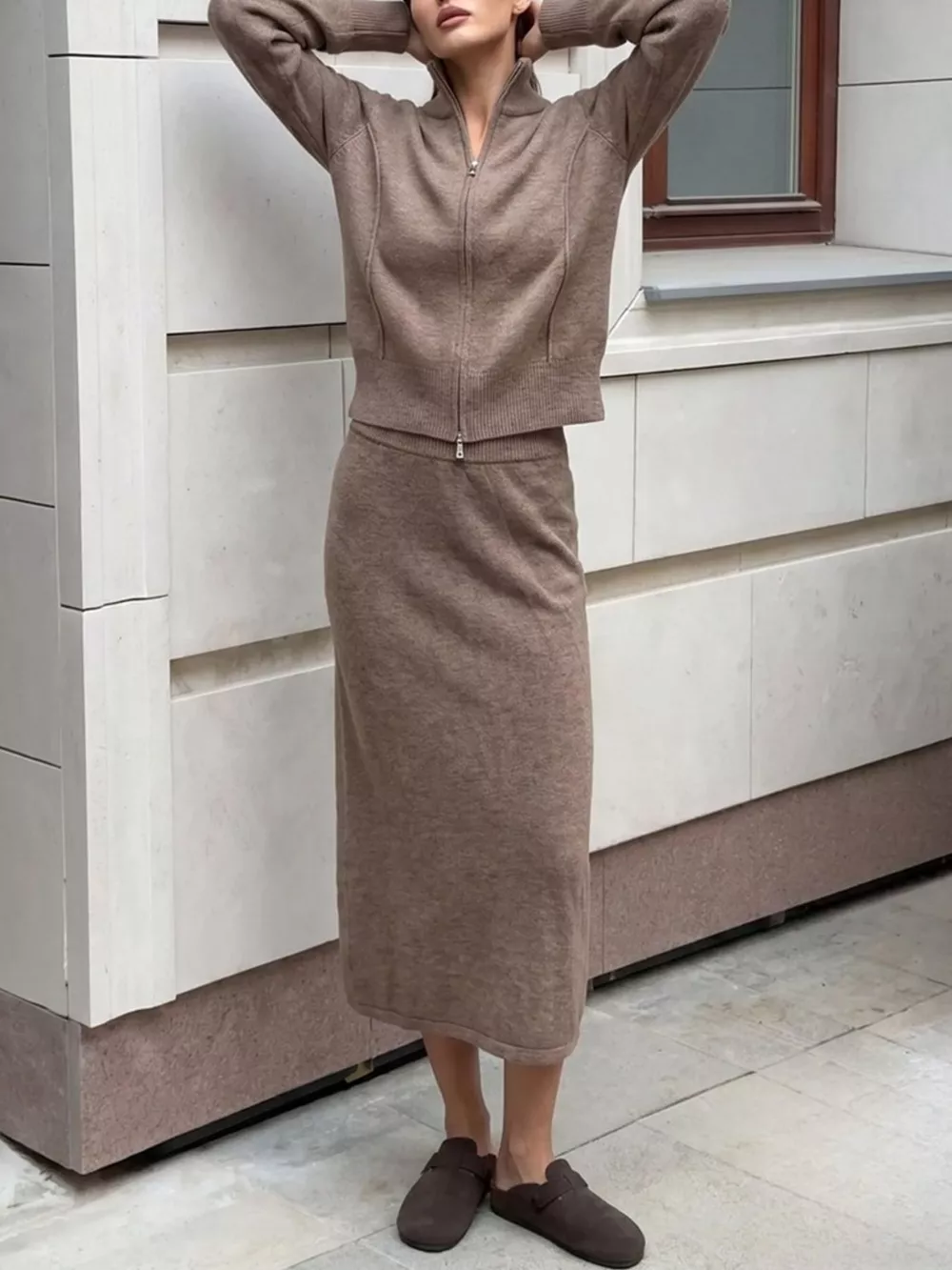 Zip-Up Mock Neck Cardigan and Matching Midi Skirt Sweater Set, image 6