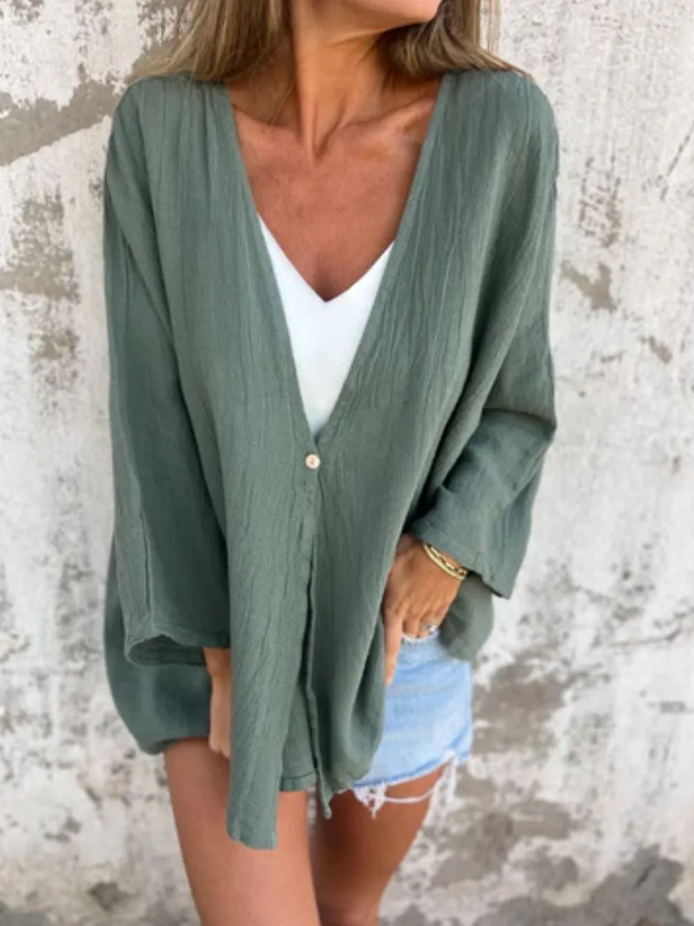 Full Size One Button Long Sleeve Shirt Plus Size, image 24