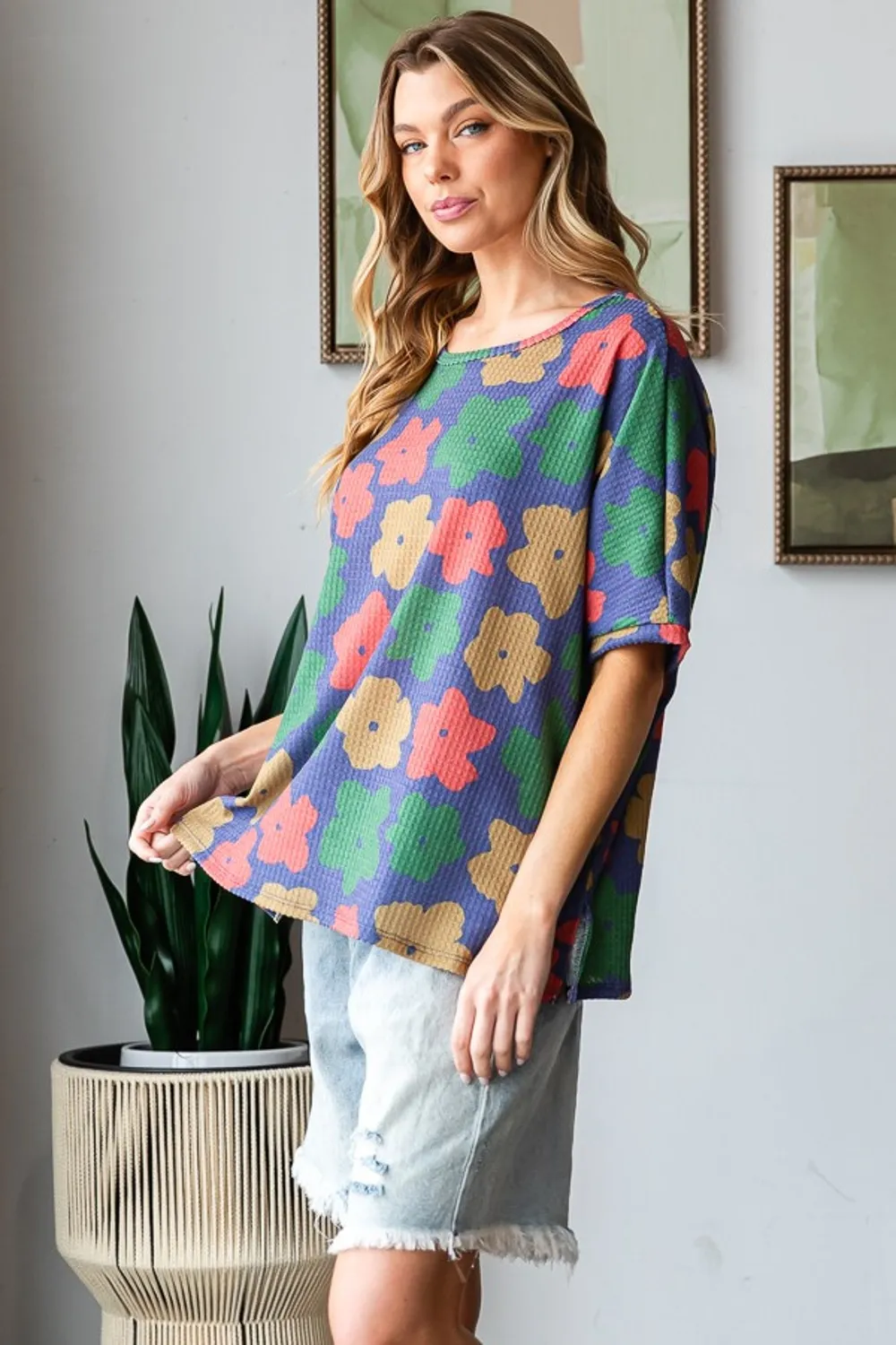 Full Size Floral Round Neck Side Slit T-Shirt, image 4