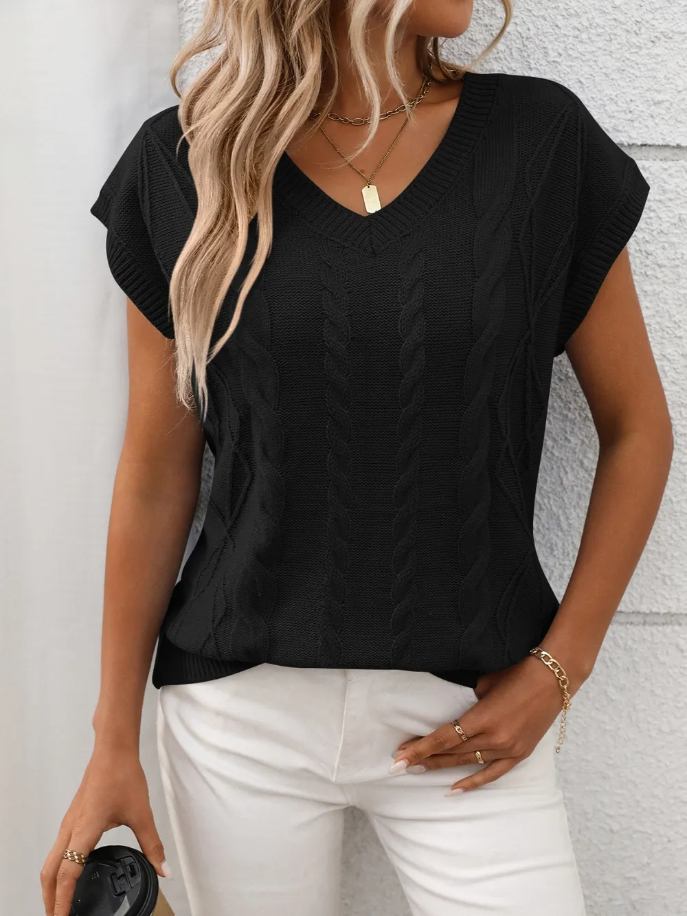 Cable-Knit V-Neck Short Sleeve Knit Top, image 19
