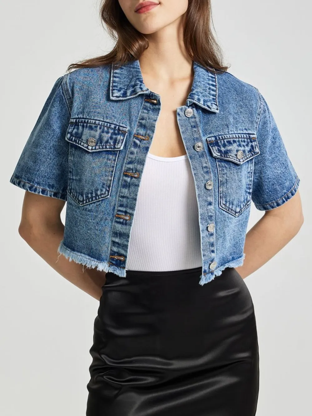 Cropped Short Sleeve Denim Jacket with Frayed Hem, image 8