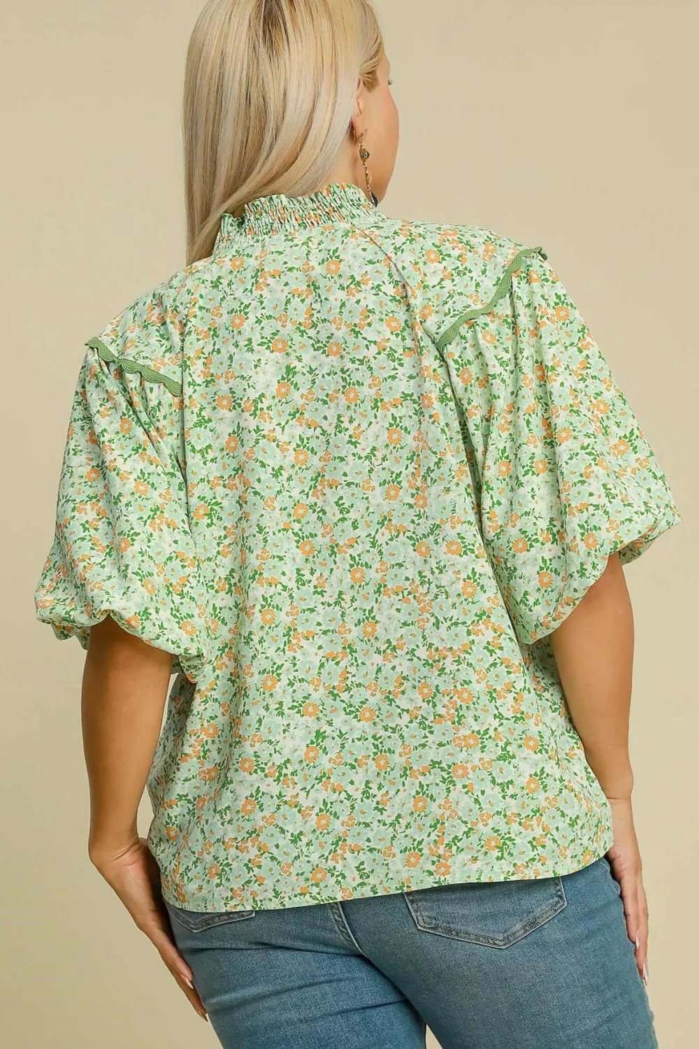 Full Size Floral Print Puff Sleeve Top Plus Size, image 4