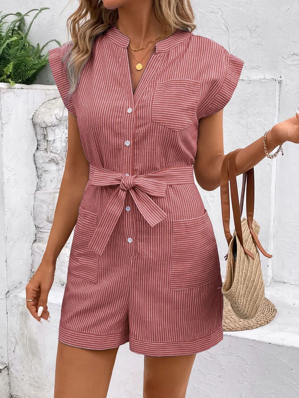 Striped Notched Tie Waist Romper, image 19