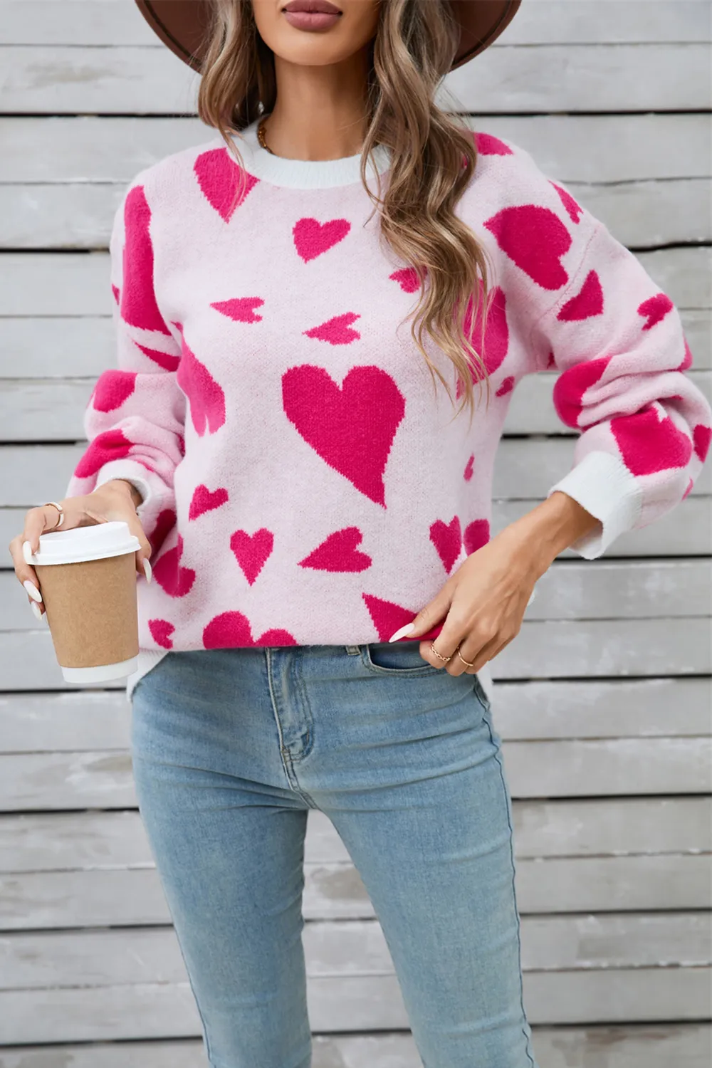 Heart Contrast Round Neck Long Sleeve Sweater, image 8