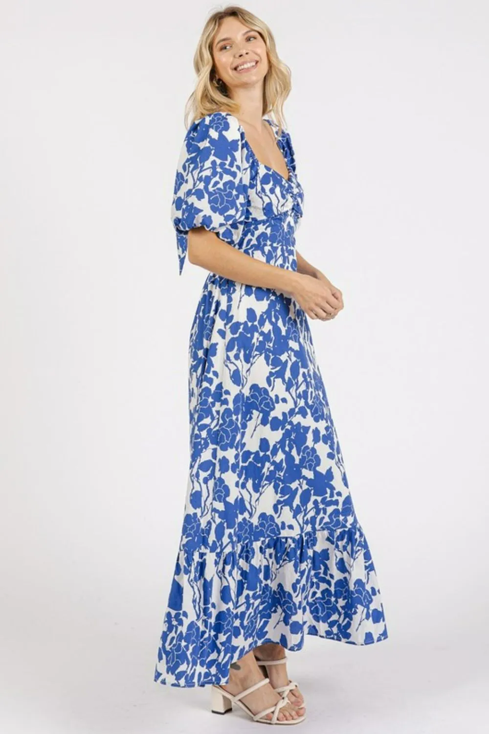 Cutout Back Floral Sweetheart Neck Puff Sleeve Dress, image 10