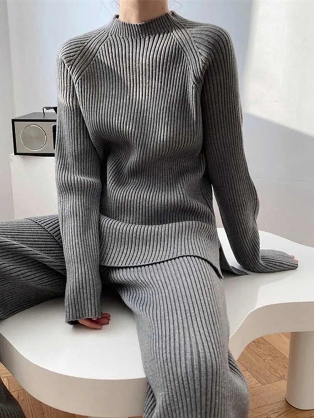 Mock Neck Raglan Sleeve Top and Pants Sweater Set, image 8