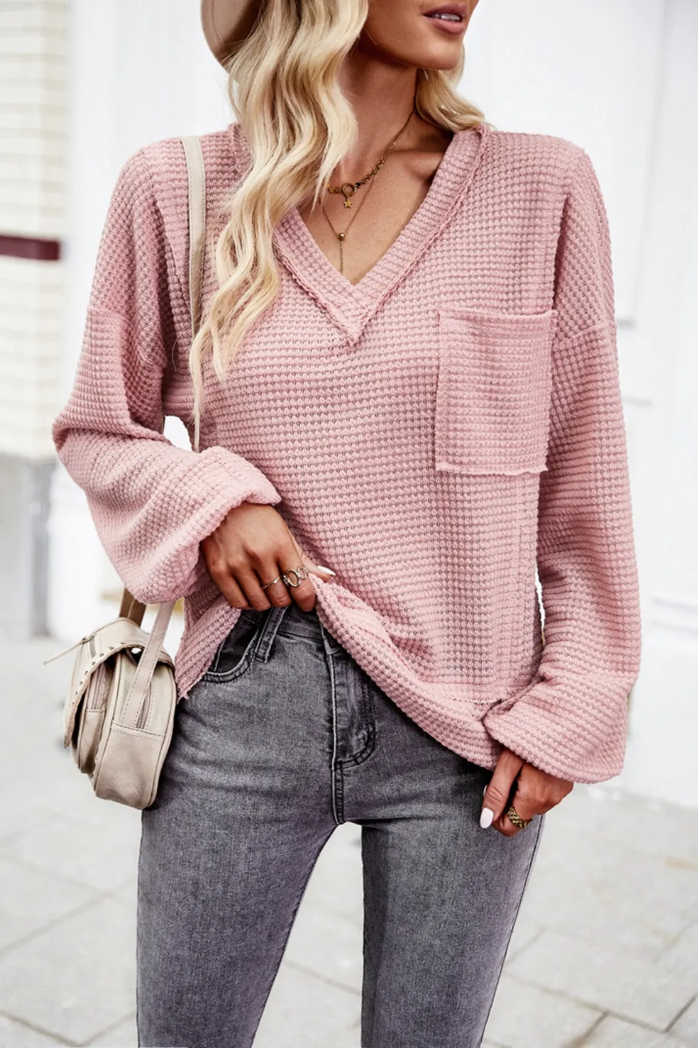Waffle-Knit V-Neck Long Sleeve Top