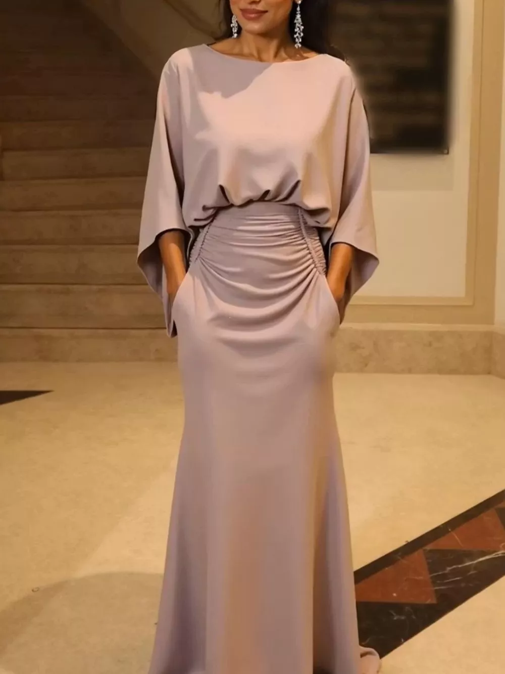 Batwing Sleeve Ruched Maxi Dress, image 7