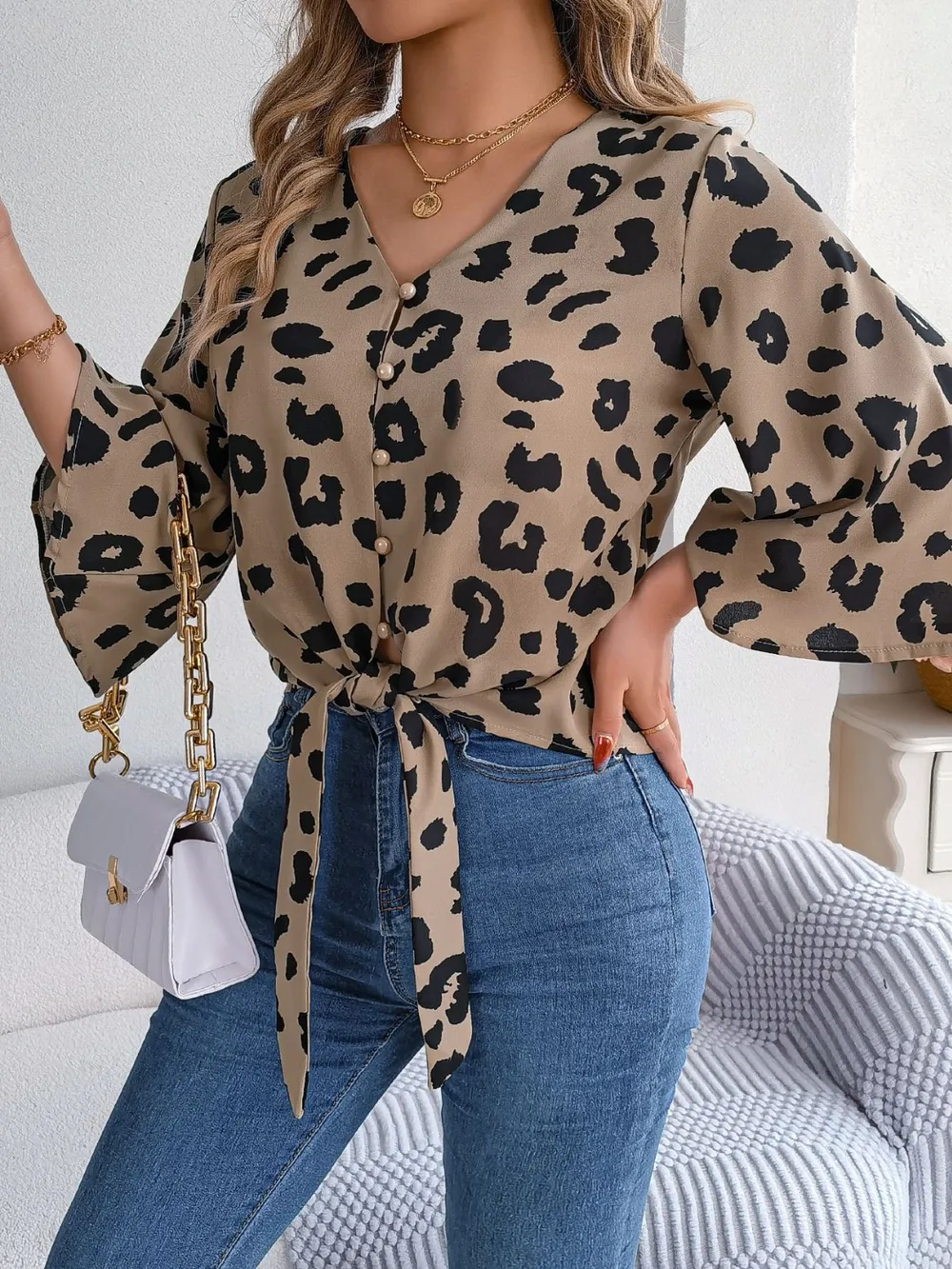 Tied Button Up Leopard V-Neck Blouse, image 11