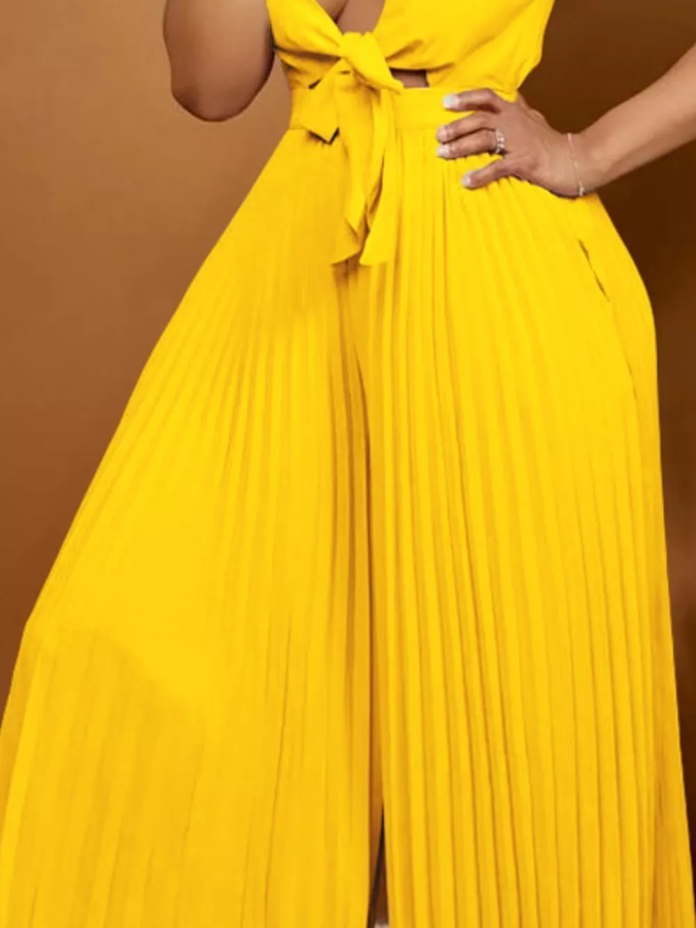 Full Size Tie Front Pleated Wide Leg Jumpsuit Plus Size, image 4
