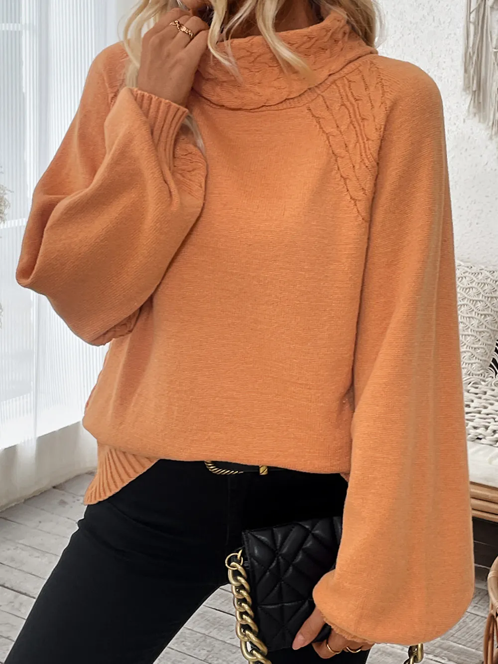 Cable-Knit Turtleneck Long Sleeve Sweater, image 3