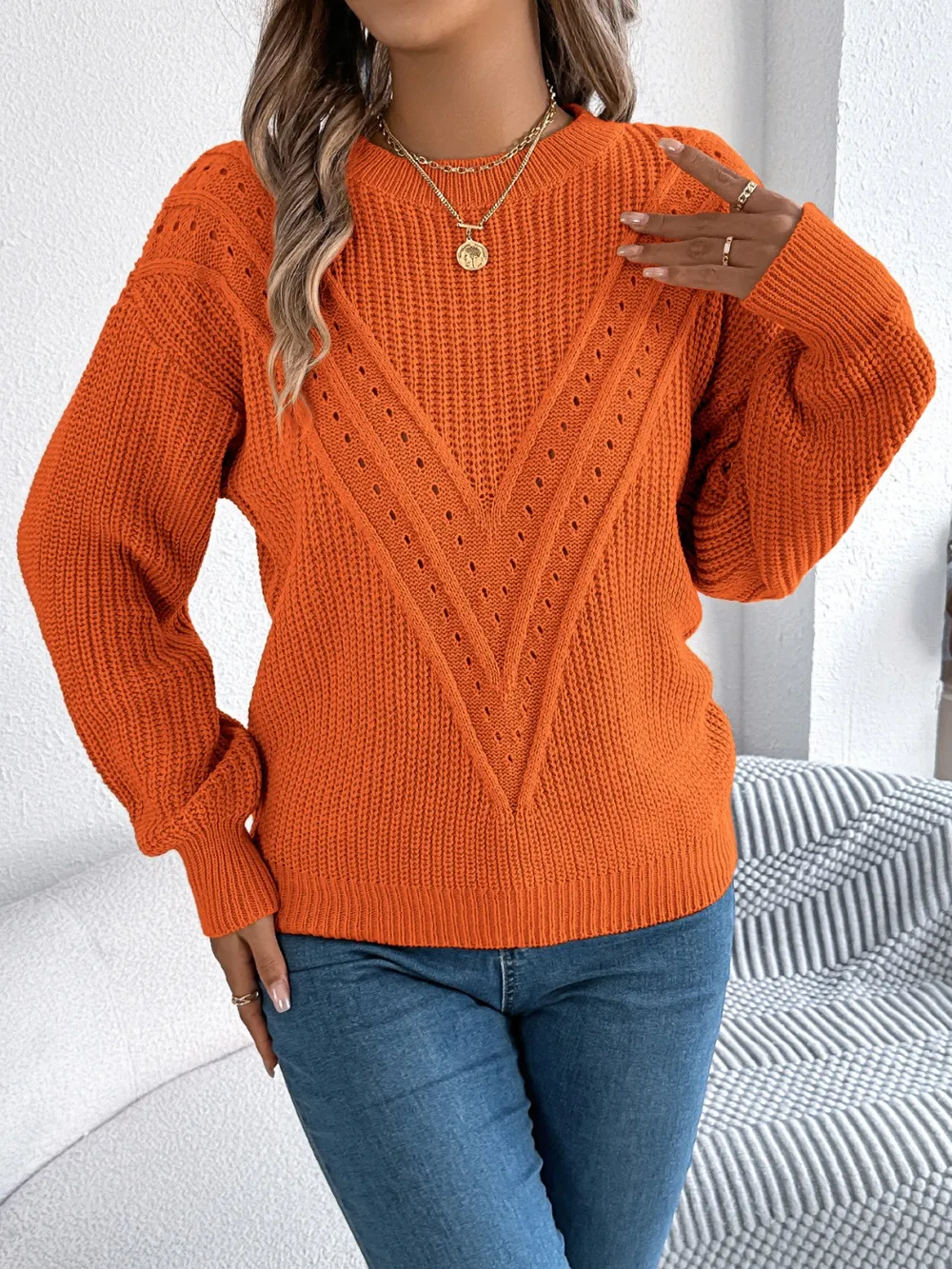 Openwork Round Neck Long Sleeve Sweater, image 10