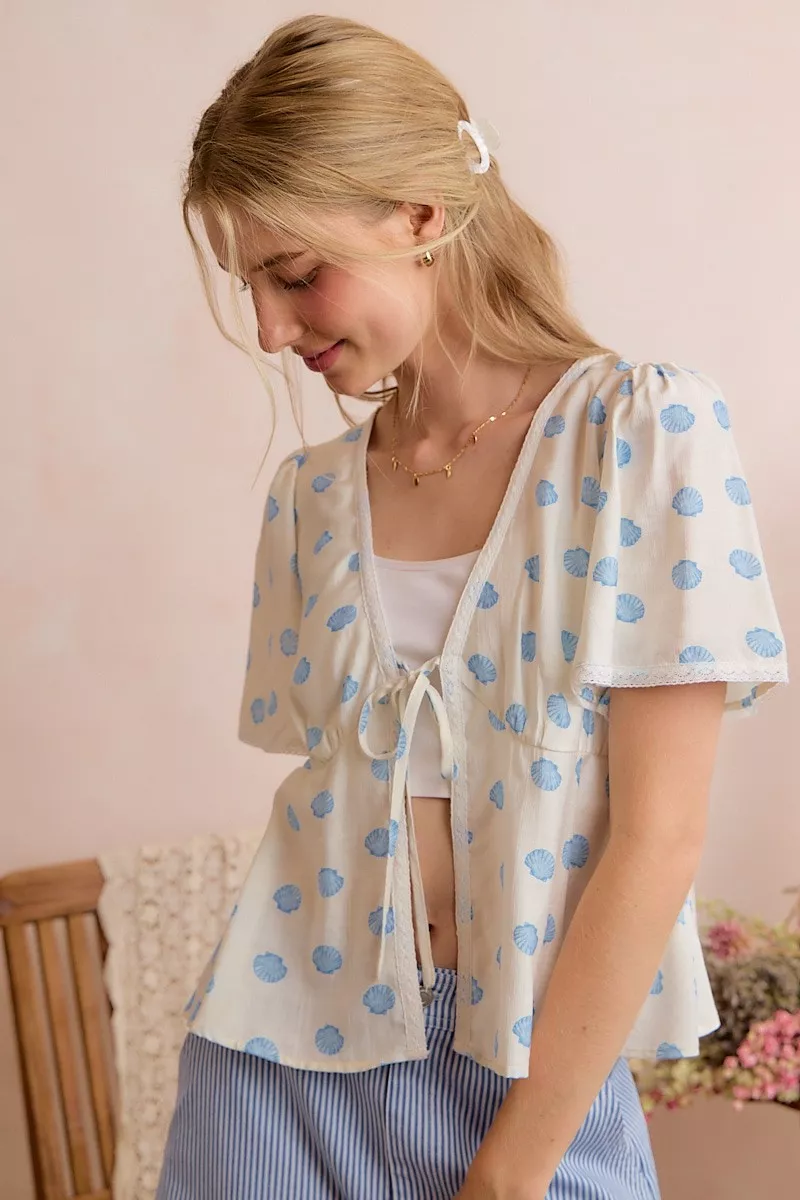 Shell Print Tie Front Flutter Sleeves Blouse Top, image 12