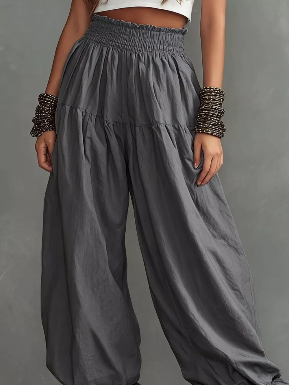 Full Size Smocked Ruffle Hem Wide Leg Pants Plus Size, image 12