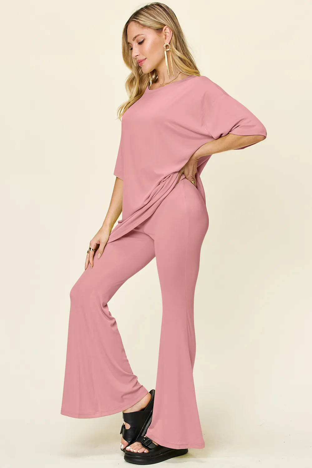 Full Size Round Neck Drop Shoulder T-Shirt and Flare Pants Set, image 21