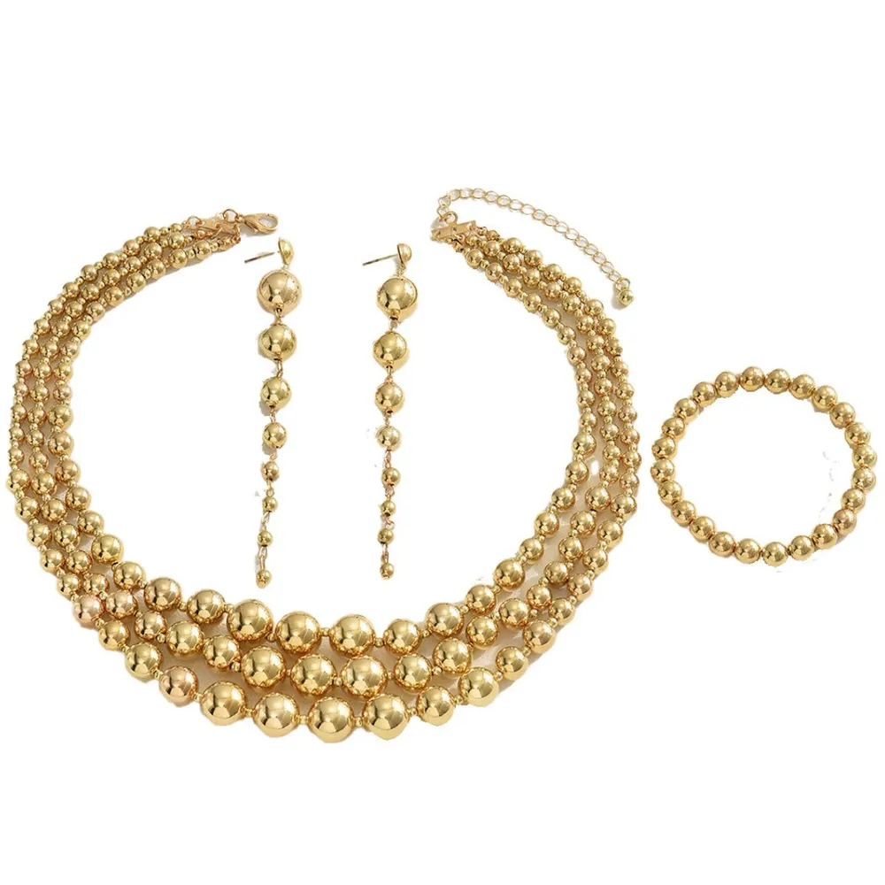18K Stainless Steel Beaded Multi-Layered Necklace Bracelet Earrings Jewelry Set, image 6