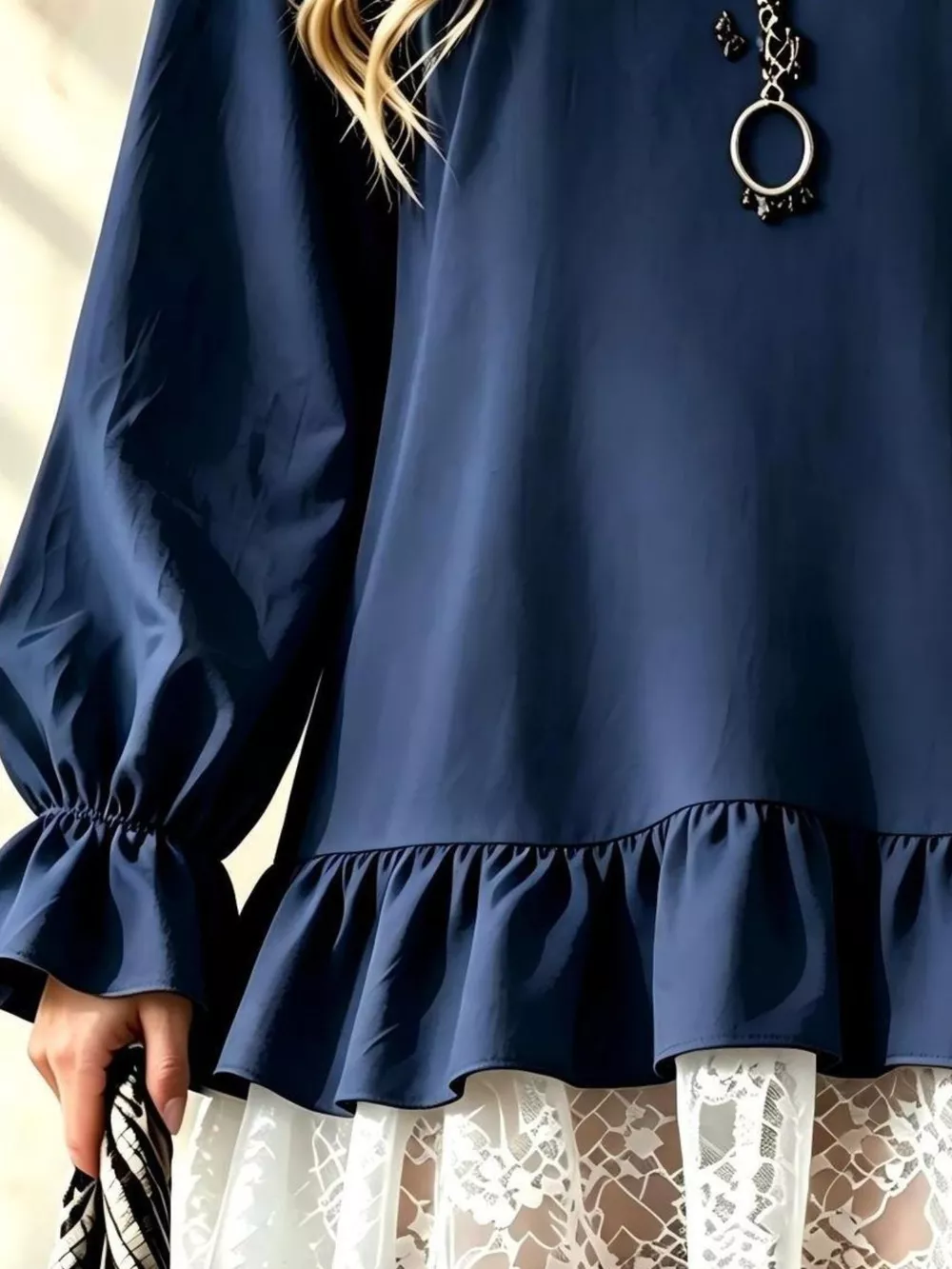 V-Neck Long Sleeve Ruffle Hem Lace Detail Dress, image 8